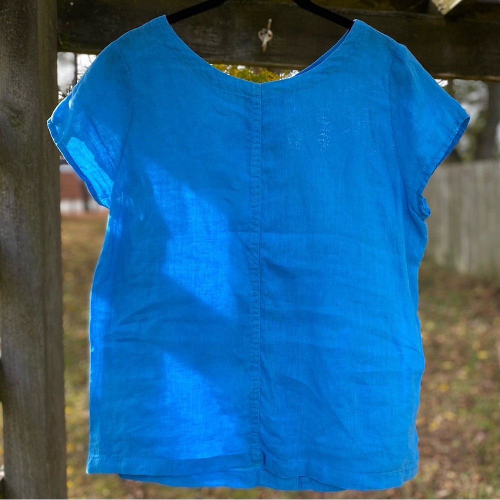Sky Blue Linen Short Sleeve Top with Button Back
